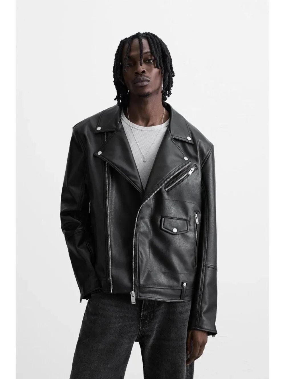 Zara Mens Biker Jacket L Black Faux Leather Loose Fit Motorcycle 8491/420 NWOT